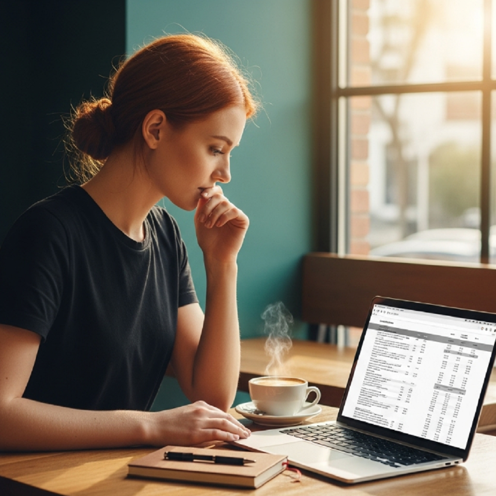 Young woman in a café working on invoice creation online with NanoInvoice using a laptop, with coffee and a notebook on the table.