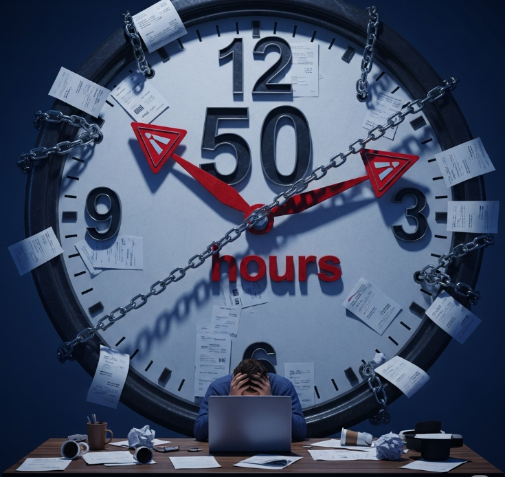 Clock made of unpaid invoices symbolizing invoice mistakes that delay payments - freelancers waste 50+ hours yearly chasing clients