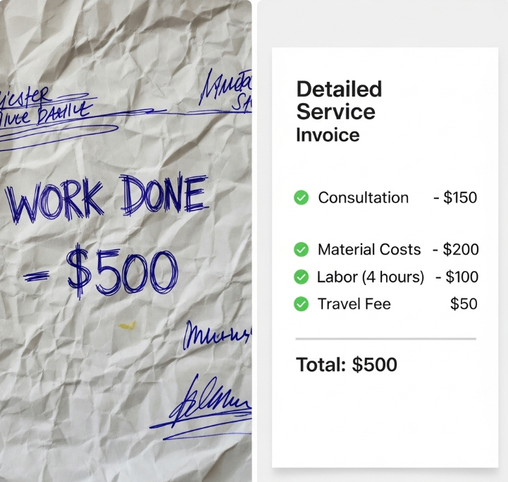 Bad vs good invoice descriptions comparison - how vague line items become invoice mistakes that delay payments vs detailed examples that get freelancers paid faster