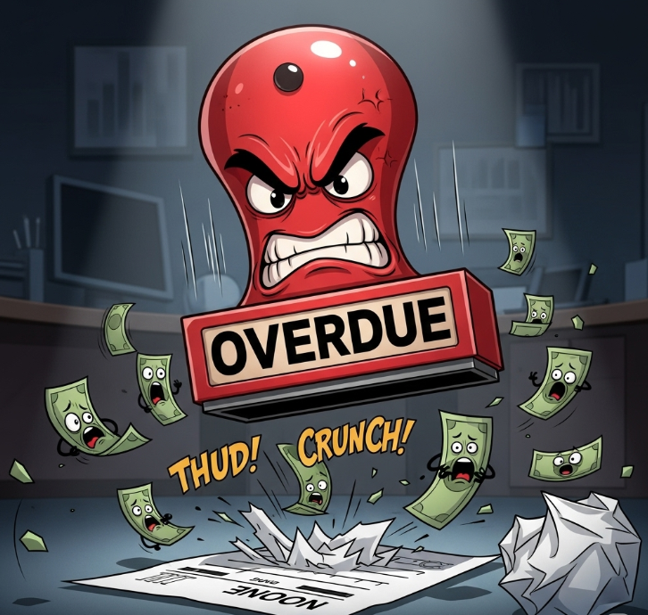 OVERDUE stamp on invoice - one of the critical **invoice mistakes that delay payments**. Fix: Add 1.5% late fees to ensure on-time payments in India/US