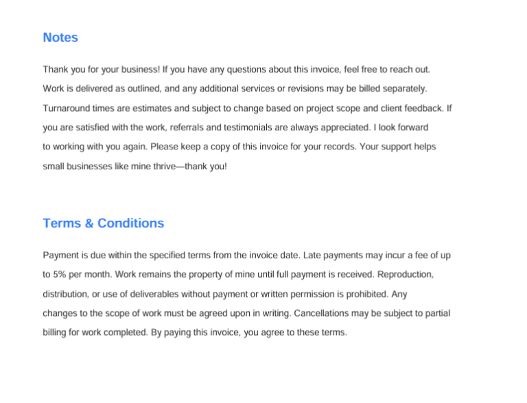 Professional invoice thank you note created with NanoInvoice's free online invoice maker, showing appreciation and clear service terms.