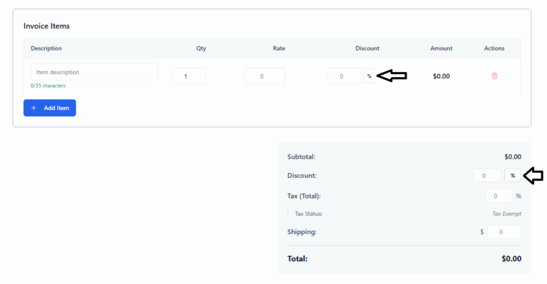 Toggle between percentage or fixed-amount discounts while creating invoices online with NanoInvoice for flexible billing.